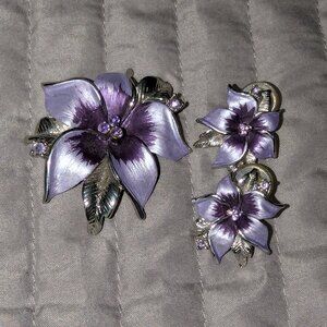 Purple Flower Pin with Matching Earrings
